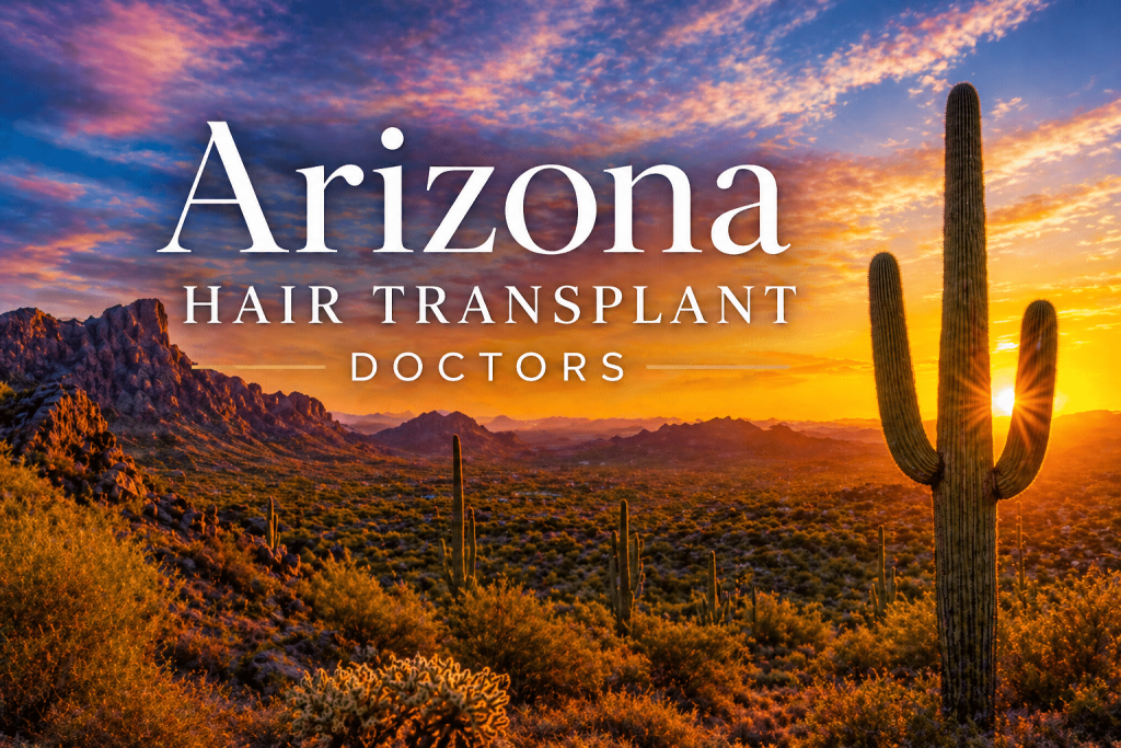 Sunset desert in Arizona with tall cacti and orange mountains, overlaid with the text 'Arizona Hair Transplant Doctors'.