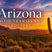 ArizonaBestHairTransplant - Hair 4 Life Medical Sunset desert in Arizona with tall cacti and orange mountains, overlaid with the text 'Arizona Hair Transplant Doctors'.