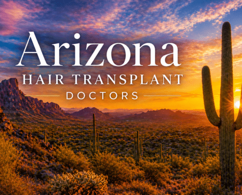 Sunset desert in Arizona with tall cacti and orange mountains, overlaid with the text 'Arizona Hair Transplant Doctors'.