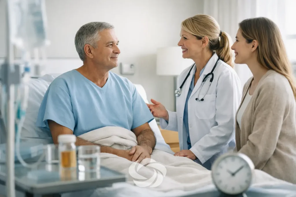 Hospital room scene: smiling patient in a blue gown in bed talks with a doctor and a visiting woman nearby.