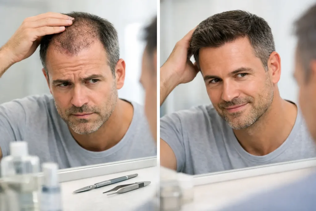 Split-screen of a man in a gray t-shirt looking at his thinning hair in the mirror: left panel shows a receding hairline, right panel shows fuller hair and a subtle smile (before and after).