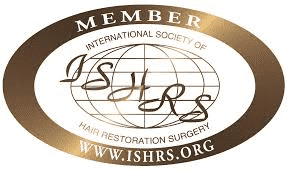 ISHRS Member logo seal: oval badge with globe, ‘INTERNATIONAL SOCIETY OF HAIR RESTORATION SURGERY’ text and www.ishrs.org.